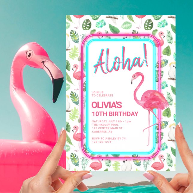Pink Tropical Flamingo Aloha Birthday Invitation (Creator Uploaded)