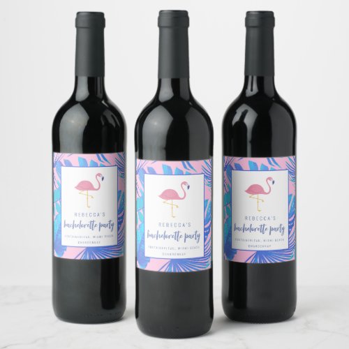 Pink Tropical Flamingo Beach Bachelorette Wine Label