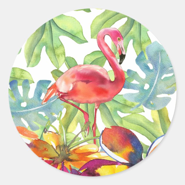 Pink Tropical Flamingo Bird Watercolor  Classic Round Sticker (Front)