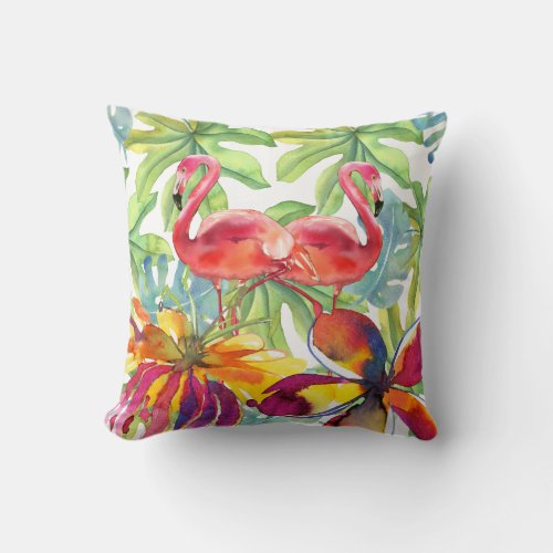 Pink Tropical Flamingo Bird Watercolor Throw Pillow