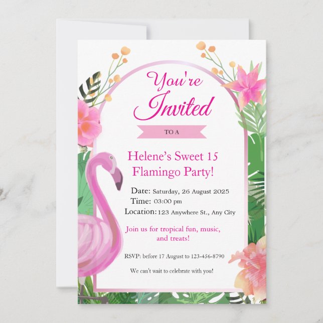 Pink Tropical Flamingo Birthday Party Invitation  (Front)