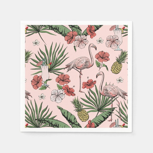Pink Tropical Flamingo Floral Pattern Napkins (Front)