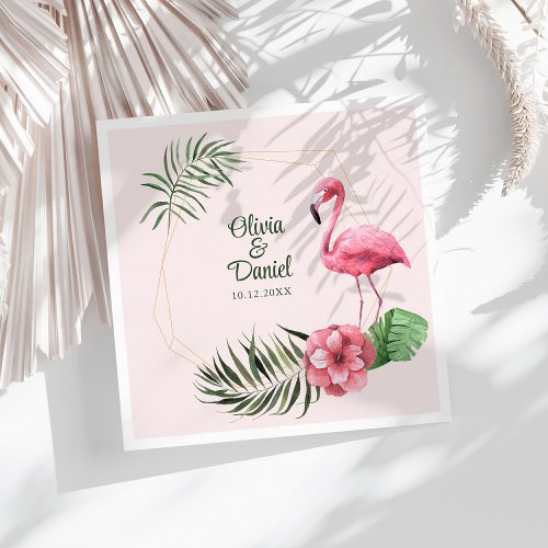 Pink Tropical Flamingo Golden Frame Wedding  Paper Dinner Napkins