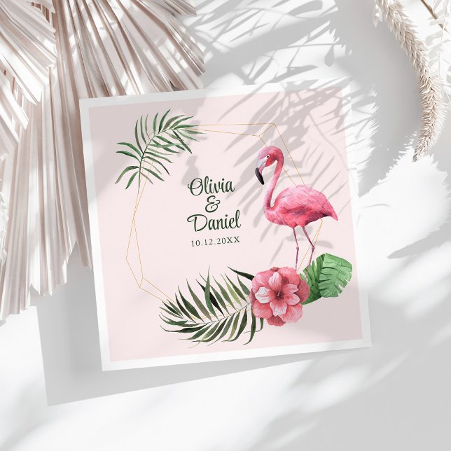 Pink Tropical Flamingo Golden Frame Wedding  Paper Dinner Napkins (Pink Tropical Flamingo Golden Frame Wedding Paper Dinner Napkins on a sunny white table.)