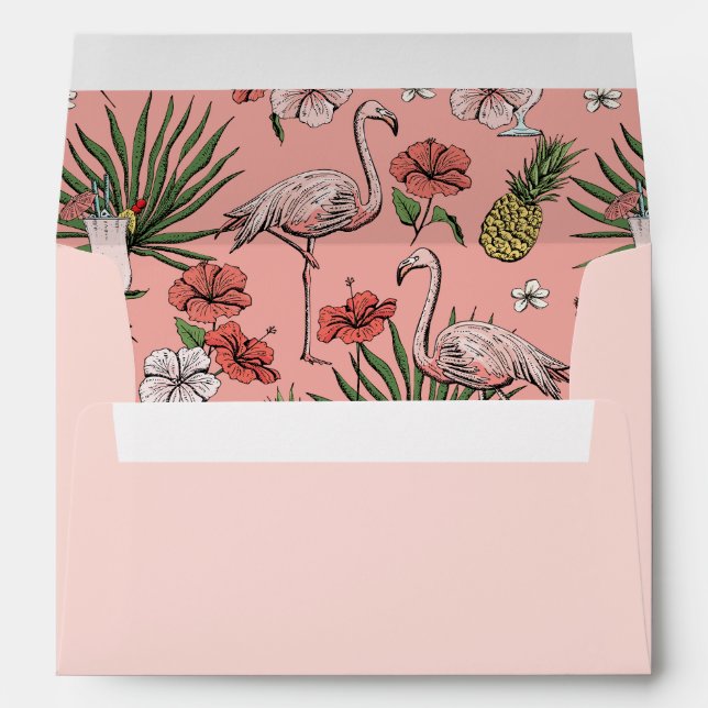 Pink Tropical Flamingo, Hibiscus and Leaves Beach Envelope (Back (Bottom))