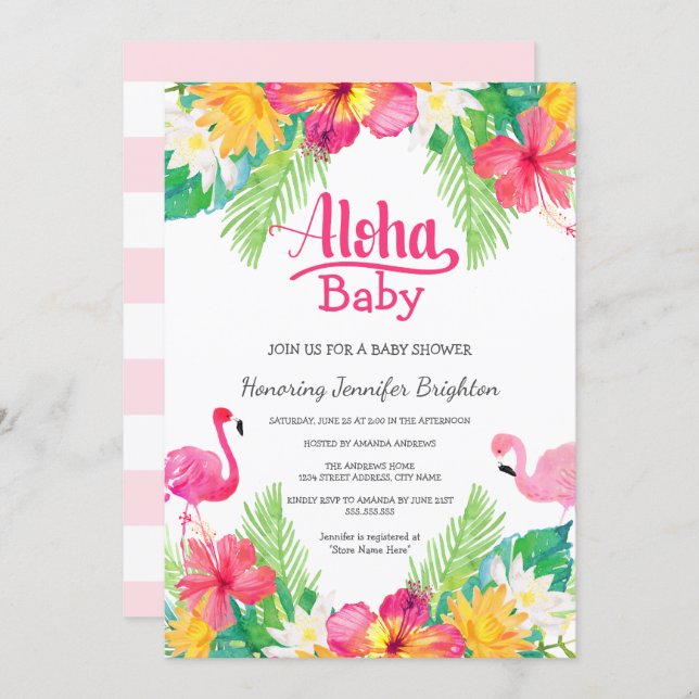 Pink | Tropical Flamingo Luau Baby Shower Invitation (Front/Back)