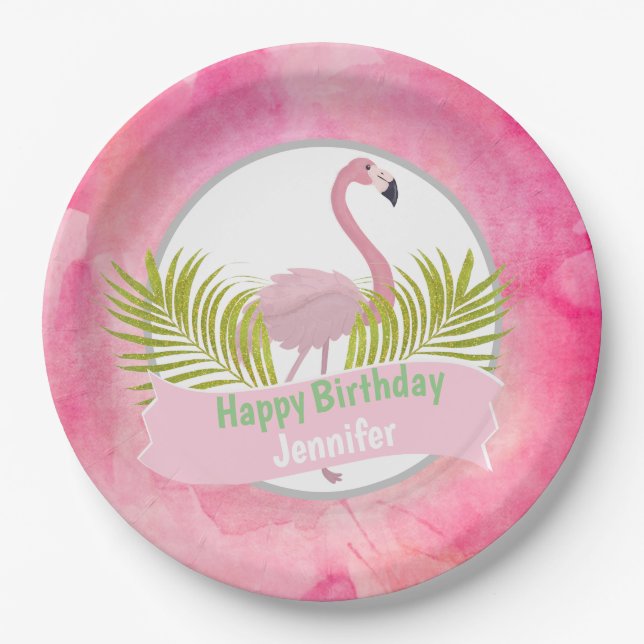 Pink Tropical Flamingo Palm Frond Birthday Paper Plates (Front)