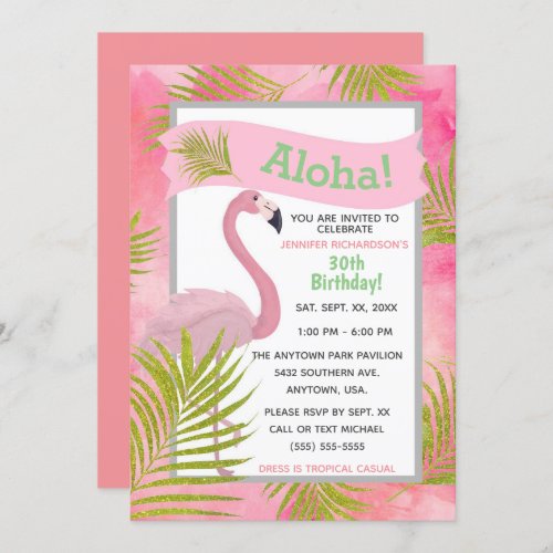 Pink Tropical Flamingo Palm Fronds Birthday Party Invitation