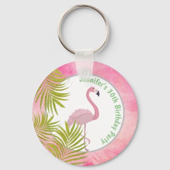 Pink Tropical Flamingo Personalized Birthday Favor Keychain by csinvitations at Zazzle