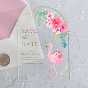 Pink Tropical Flamingo Wedding Save the Date Acrylic Invitations