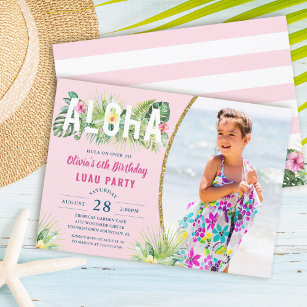 Pink Tropical Floral Aloha Luau Birthday Photo Invitation