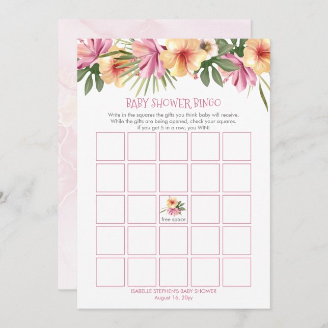 Pink Tropical Floral Blooms Baby Shower Bingo Card (Front/Back)