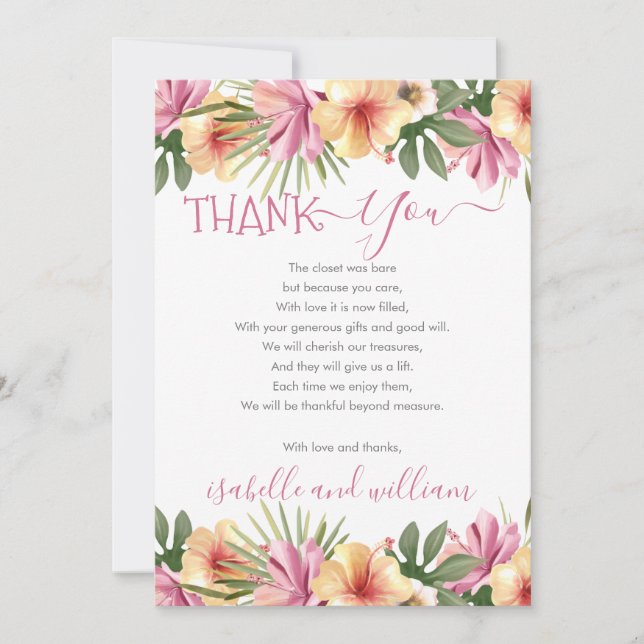 Pink Tropical Floral Blooms Baby Shower Thank You Card (Front)