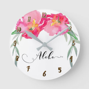 Pink Tropical Floral Flowers Aloha Chic Round Clock