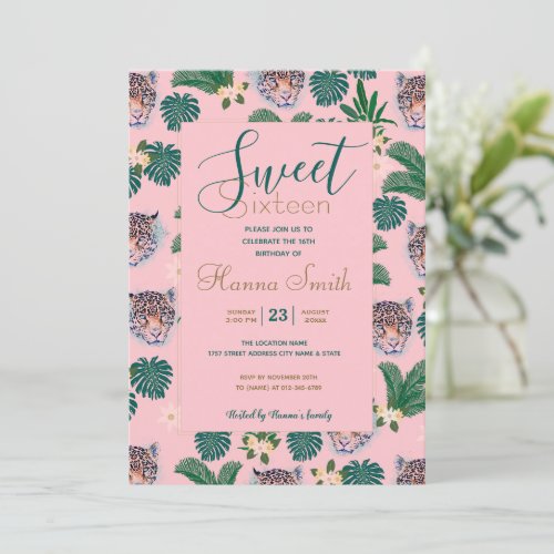 Pink Tropical Floral Foliage and Leopard Faces Invitation