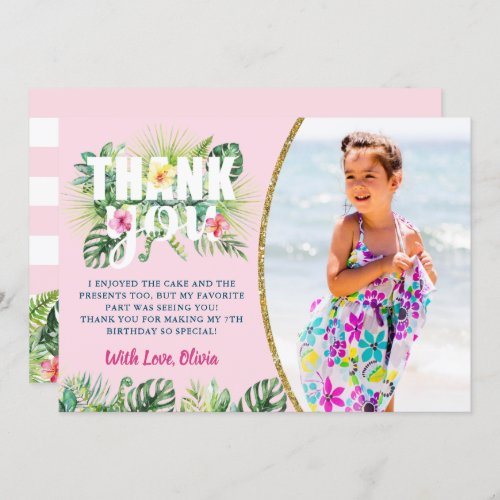 Pink Tropical Floral Girls Beach Party Photo Thank You Card