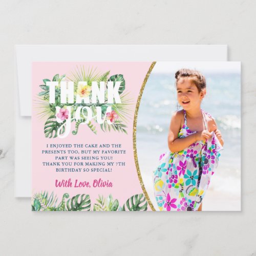 Pink Tropical Floral Girls Beach Party Photo Thank You Card