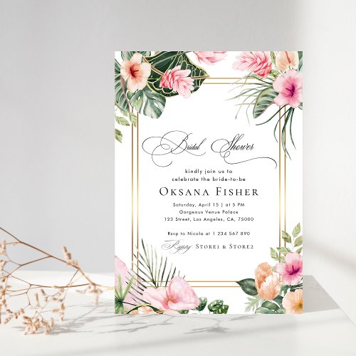 Pink Tropical Floral Gold Frame Bridal Shower Invitation