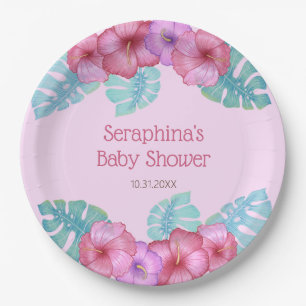 Pink Tropical Floral Hibiscus Baby Shower Paper Pl Plates