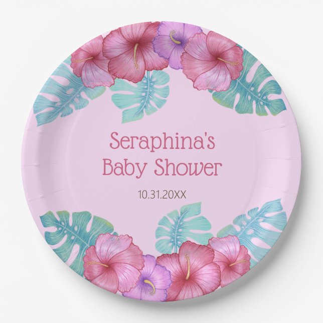 Pink Tropical Floral Hibiscus Baby Shower Paper Pl Plates (Front)