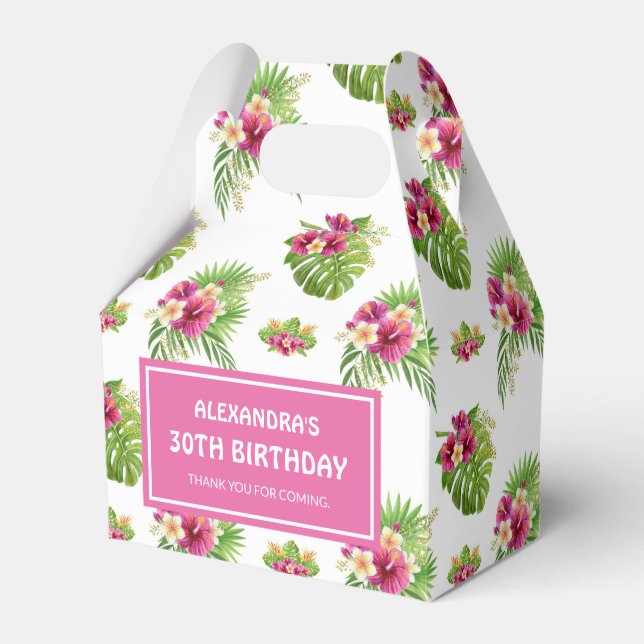 Pink Tropical Floral Luau Birthday Favor Boxes (Front Side)