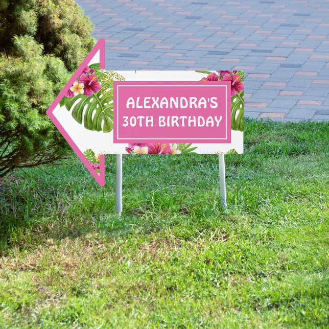 Pink Tropical Floral Luau Birthday Party Arrow Sign (Creator Uploaded)