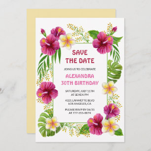 Pink Tropical Floral Luau Birthday Save the date Invitation