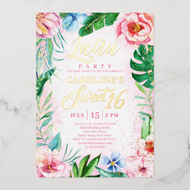 Pink Tropical Floral Luau Hawaiian Sweet Sixteen Foil Invitation (Front)