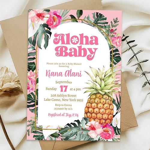 Pink Tropical Floral Pineapple Aloha Baby Shower Invitation