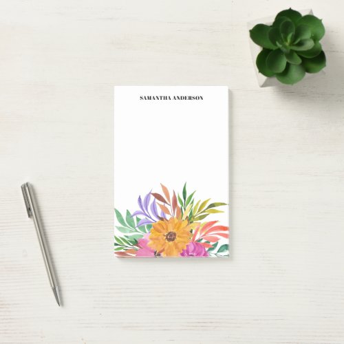 Pink Tropical Floral Watercolor Name Post_it Notes