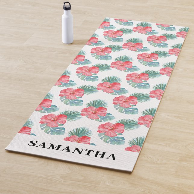 Pink Tropical Floral Watercolor Name Yoga Mat (In Situ)