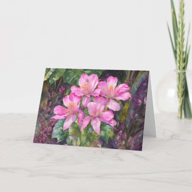 Pink Tropical Flower Floral Art Note Card (Front)