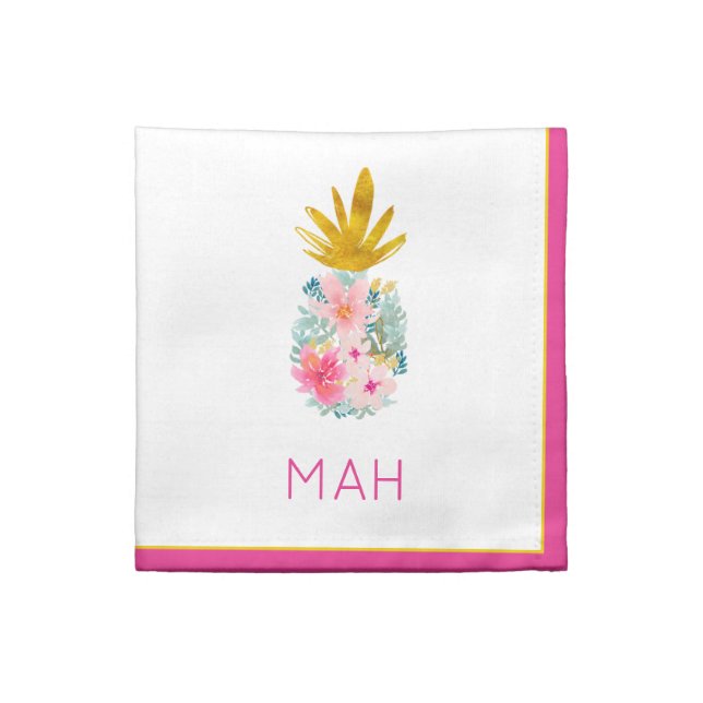 Pink Tropical Flowers and Gold Pineapple Monogram Cloth Napkin (Quarter Fold)