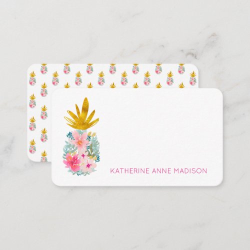 Pink Tropical Flowers and Gold Pineapple Note Card