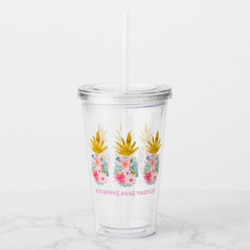 Pink Tropical Flowers and Gold Pineapples Acrylic Tumbler