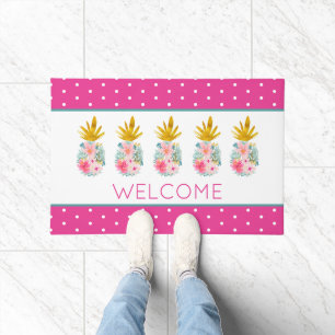 Pink Tropical Flowers and Gold Pineapples Doormat