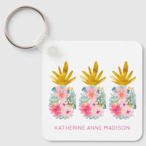 Pink Tropical Flowers and Gold Pineapples Keychain