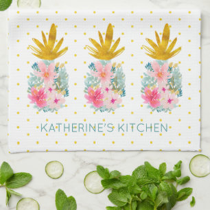 Pink Tropical Flowers and Gold Pineapples Kitchen Towel