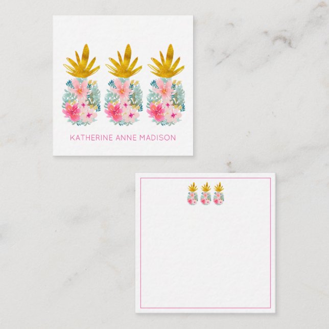 Pink Tropical Flowers and Gold Pineapples Note Card (Front/Back)