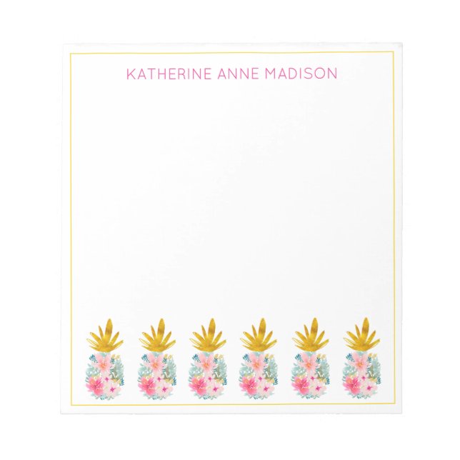 Pink Tropical Flowers and Gold Pineapples Notepad (Front)