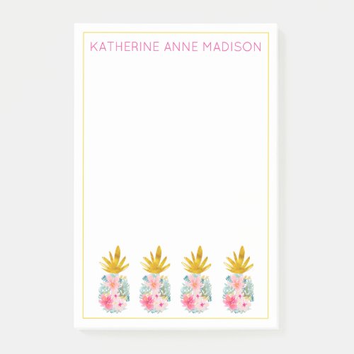 Pink Tropical Flowers and Gold Pineapples Post_it Notes