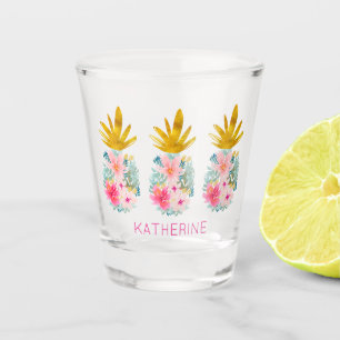 Pink Tropical Flowers and Gold Pineapples Shot Glass