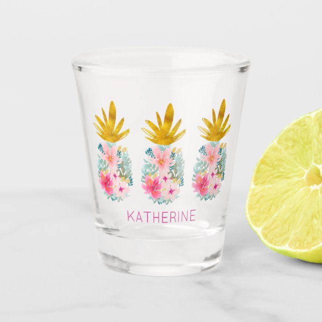 Pink Tropical Flowers and Gold Pineapples Shot Glass (Front)