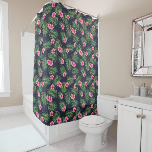 Pink Tropical Flowers and Green Leaf Pattern Blue Shower Curtain