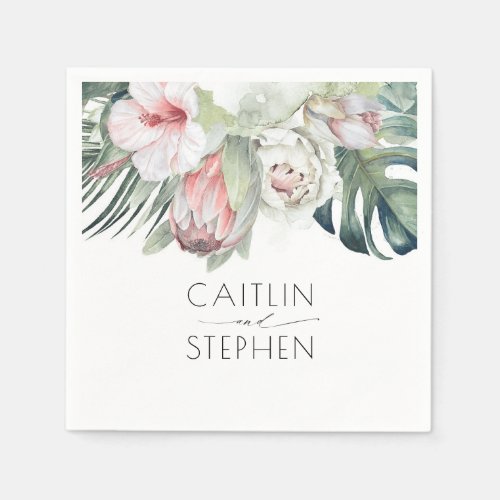 Pink Tropical Flowers and Palm Leaves Beach Party Napkins