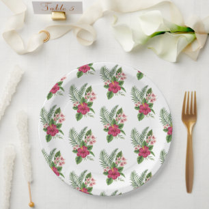 Pink Tropical Flowers Bridal Shower Paper Plates