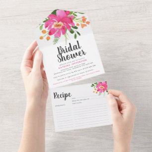 Pink Tropical Flowers Bridal Shower Recipe All In One Invitation