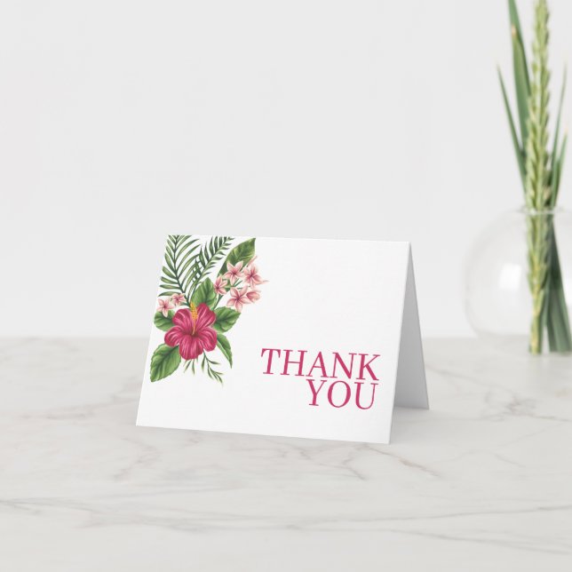 Pink Tropical Flowers Bridal Shower Thank You Card (Front)