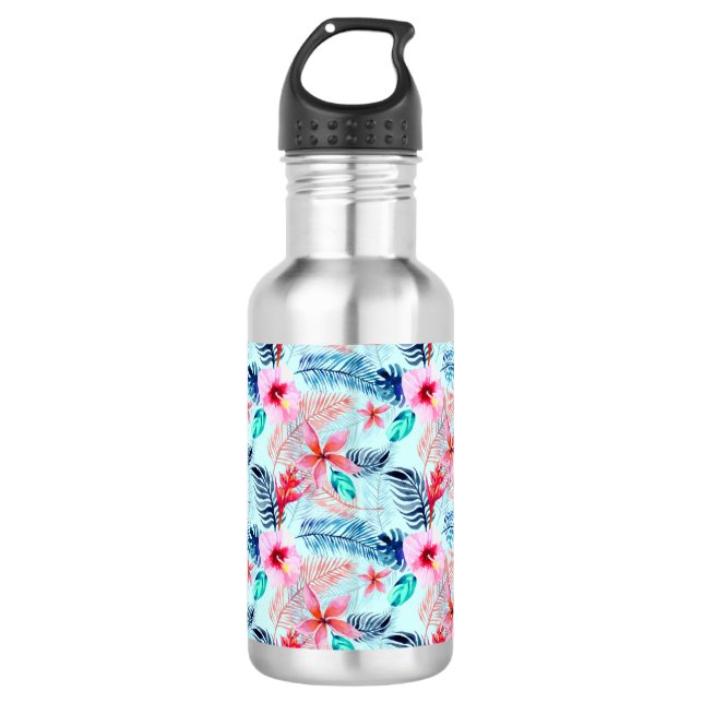 Pink Tropical Flowers Design Stainless Steel Water Bottle (Front)