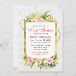 Pink Tropical Flowers Gold Foil Sweet 16 Invitation